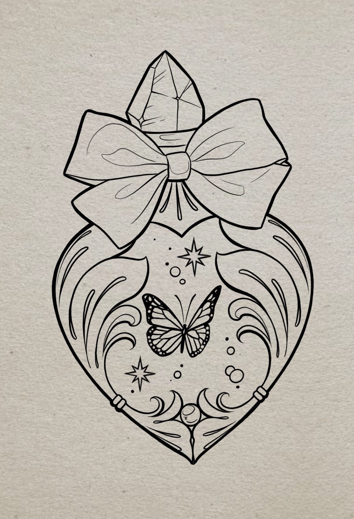 Neo-traditional heart locket with bow and butterfly flash design