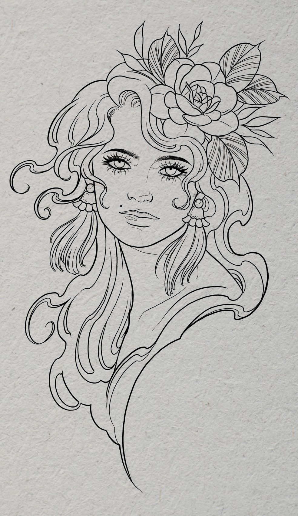 Fine line maiden portrait with florals flash design