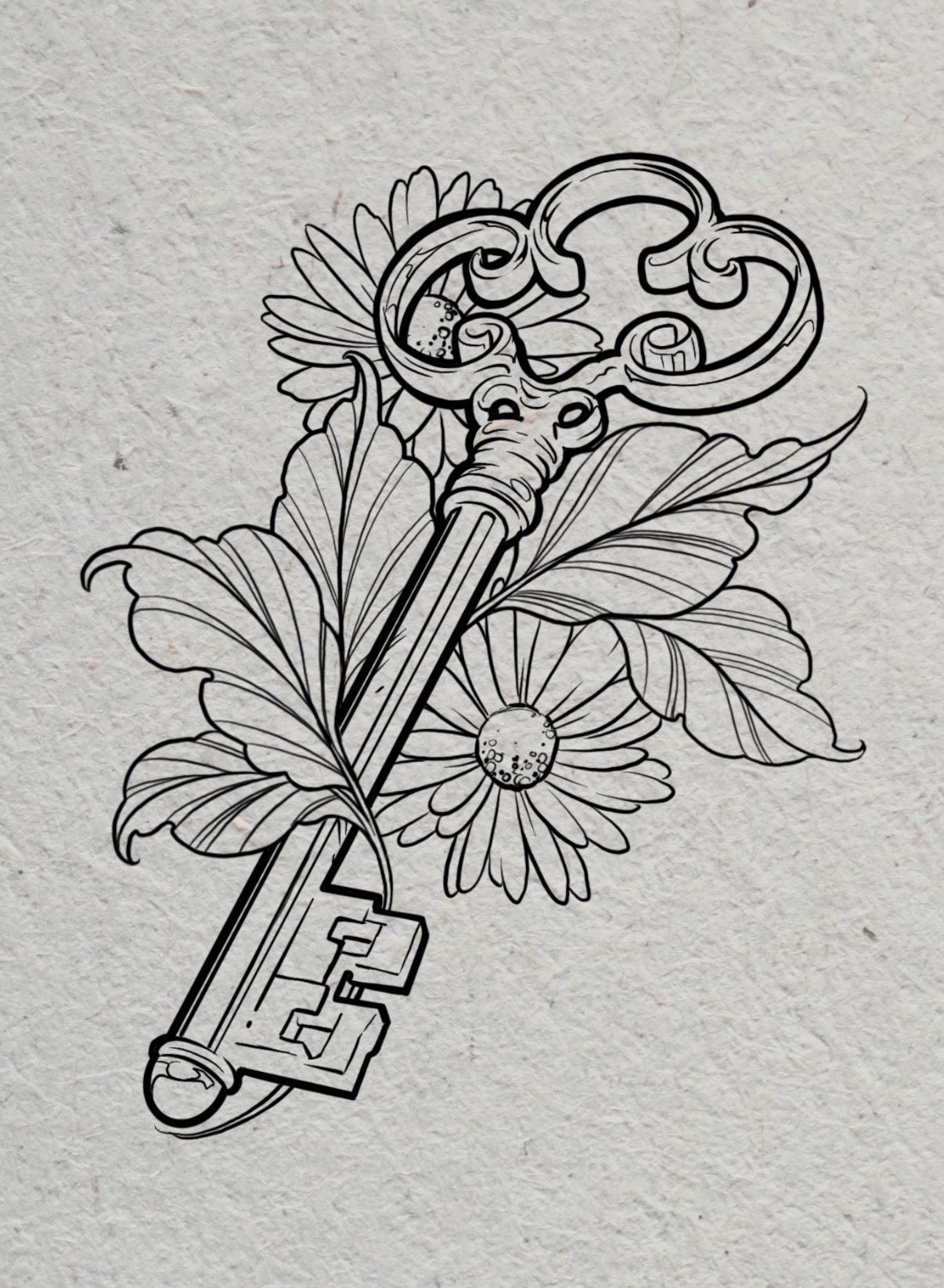 Ornate key and rose flash design
